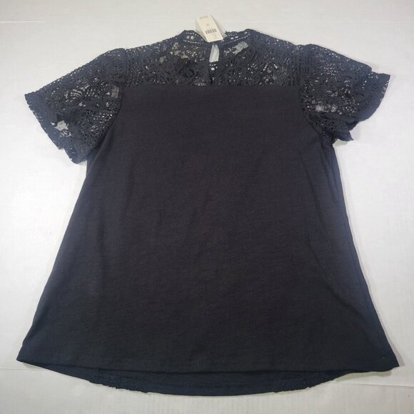 Ella Moss Lace Accent Black Short-Sleeve Blouse Keyhole Back Size XS - Picture 5 of 5